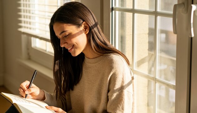 Happy young woman sitting by the window in warm sunlight and writing in her personal diary, enjoying peaceful morning journaling and planning at home