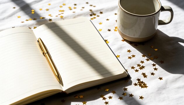 Open notebook with blank lined pages, gold pen, coffee cup, and scattered golden stars on white linen cloth bathed in warm morning sunlight for planning and journaling