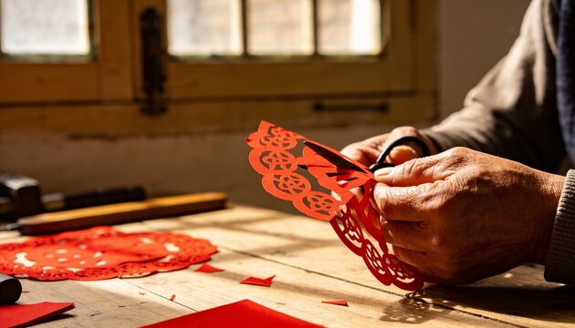 Hands of an elderly artisan skillfully cutting traditional Chinese red paper pattern with scissors by a sunny window for Lunar New Year celebration