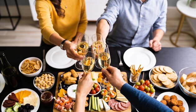 Close up of diverse friends toasting with glasses of champagne above a table with gourmet appetizers and snacks at a festive home dinner party