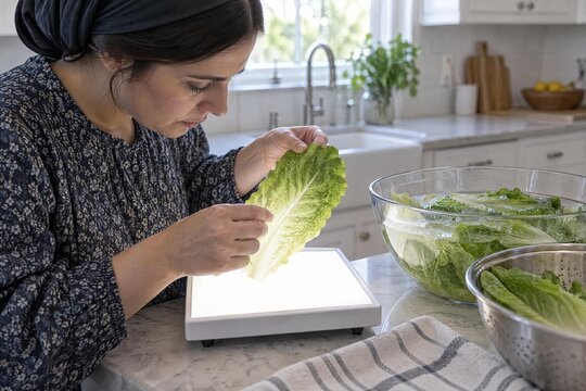 Woman checking lettuce leaves for insects on a light box