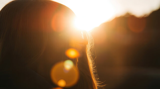 Silhouette of a woman with long hair standing against a bright golden sunset, featuring soft lens flares and warm glowing light around her head