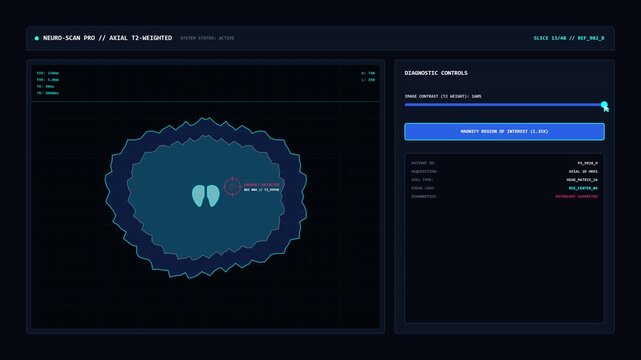 Medical diagnostic software interface showing brain scan analysis with graphs and data