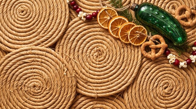 Christmas Background with Green Glass Pickle Ornament, Dried Orange Garland, Cranberry Popcorn Strand and Pretzels on Woven Coiled Raffia Texture, Rustic American Copy Space Layout