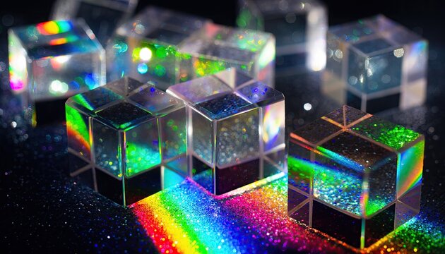Cubic Prisms refract light creating a spectrum of rainbow colors on a dark background.