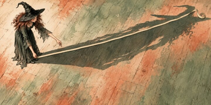 Elongated ink witch in sage, burnt coral and cream