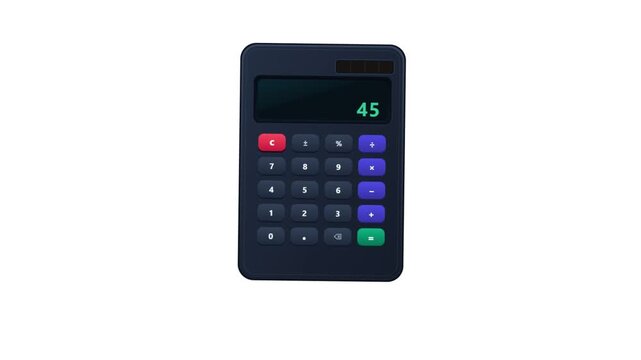 High quality 3D digital calculator animation featuring a dark interface with colorful buttons and changing numerical digits on the screen, ideal for financial reports, business accounting, and math.