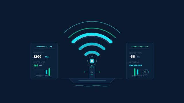 Futuristic HUD interface displaying high speed wireless network signal telemetry link data and signal quality metrics with 1200 Mbps throughput and WPA2 encryption on a dark background