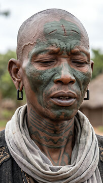 Tribal Man with Traditional Green Face Paint and Scarification Patterns Wearing a Woven Scarf and Wooden Ear Ornaments Portraying Cultural Heritage and Ancient Beauty Rituals in a Portrait Study