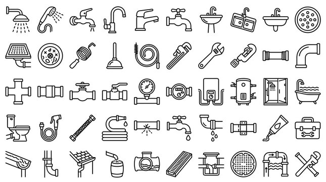 50 Plumbing and Drainage Line Icons Featuring Showers Faucets Sinks Pipes Gutters and Clogged Drain Maintenance Editable Vector Set