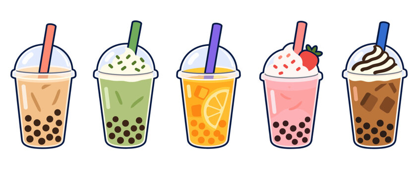 Colorful bubble tea cups with tapioca pearls and toppings