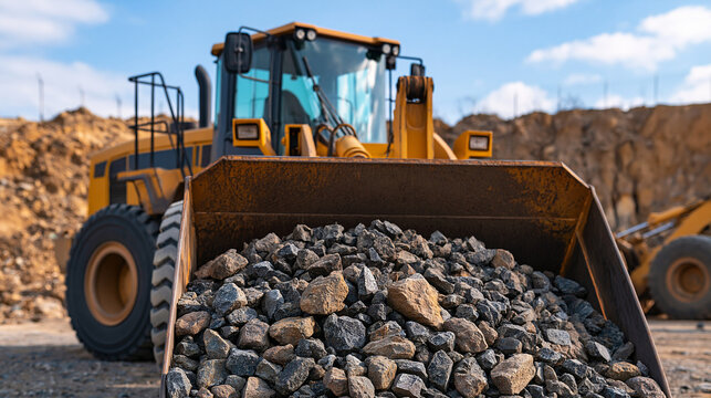 heavy machinery loader bucket filled with rocks