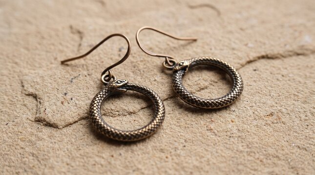 Pair of vintage bronze ouroboros snake drop earrings lying on a natural beige stone texture