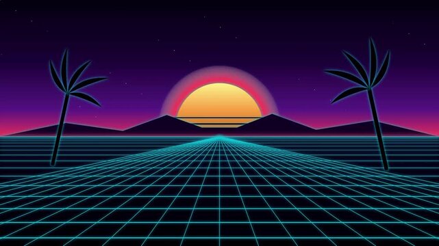 80s retro synthwave grid horizon with glowing neon sun