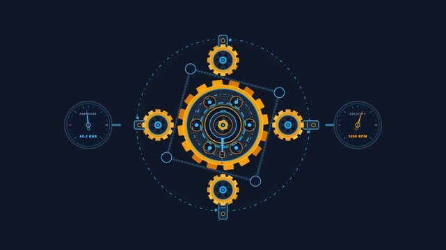 Futuristic Digital HUD Interface Featuring Rotating Mechanical Gears and Technical Gauges Displaying Pressure and RPM Data Measurements for Industrial Engineering and Motion Graphics Projects
