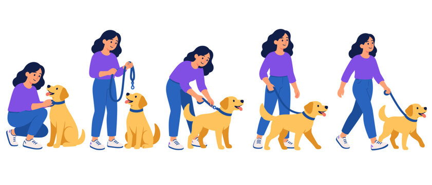 Woman walking a dog in a sequence of poses