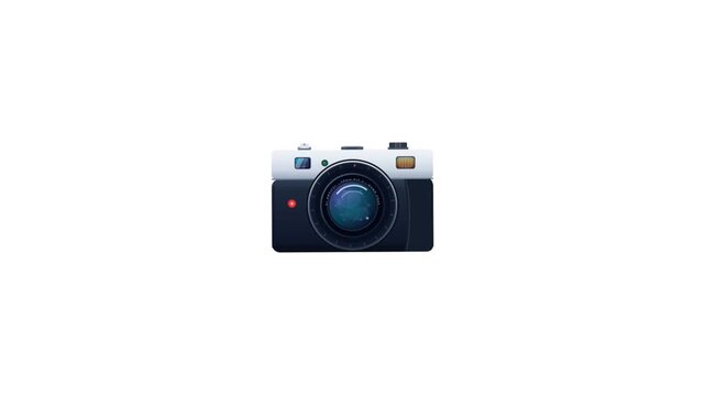 High quality professional 2D flat illustration of a classic vintage rangefinder camera with a sleek black body and silver top plate isolated on a clean white background for photography themes.