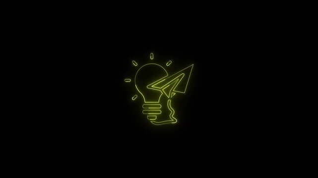 Glowing yellow neon lightbulb icon with paper plane animation on