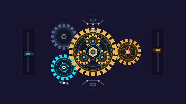 Abstract Motion Graphics Animation of Futuristic Mechanical Gears and Digital Interface Elements with Sliders and Dials on a Dark Blue Background Representing Technology and Engineering.
