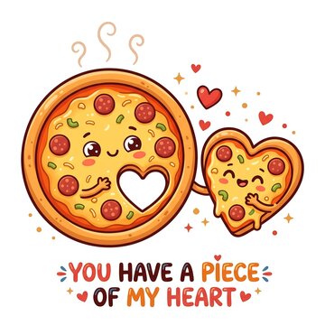 Cute kawaii pizza cartoon illustration with heart shaped piece and romantic pun text