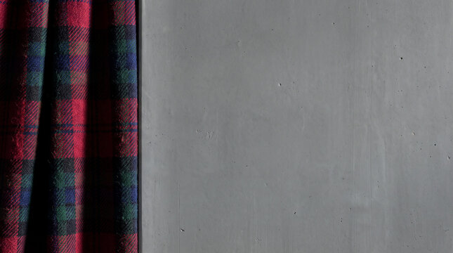 Red and green tartan plaid fabric hanging beside a textured grey concrete wall with empty space industrial minimalist background with textile contrast