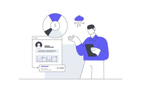 Virtual Data Cloud Storage and Financial Profile User Analytics. Male Specialist Pointing at Pie Chart User Profile Document and Cloud Sync Icon. Flat Cartoon Vector Illustration icon Stylish abstract