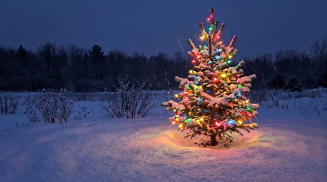 Lit Christmas tree in the snow