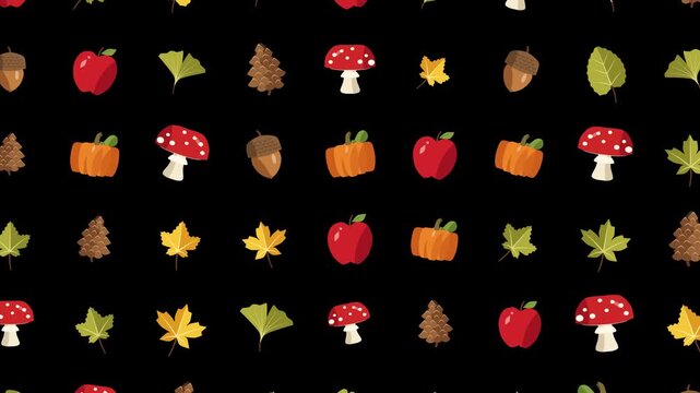 Playful colorful autumn nature icons scrolling down in a seamless loop pattern for seasonal background animation