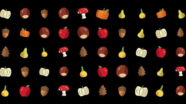 Animated fall harvest icon pattern motion with cute fruits vegetables nuts mushrooms seamless looping background