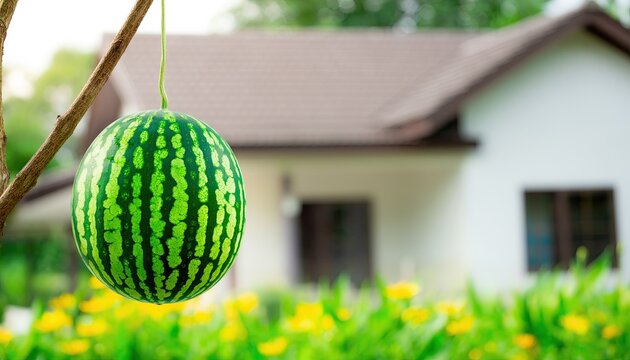 A Single Watermelon Hangs Suspended from a Tree Branch in a Backyard Garden.