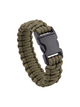 Olive braided paracord bracelet with black buckle isolated PNG cutout