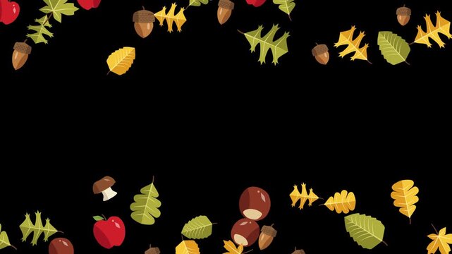 Colorful animated autumn design with fall leaves nuts and fruits dynamically appearing and disappearing