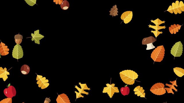 Animated autumn leaves nuts apples and mushrooms falling forming a cheerful seasonal border