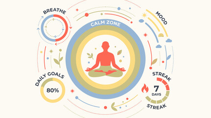 Fototapeta premium Mindfulness and Meditation App Interface Vector Illustration with Calm Zone, Breathing Tracker, Daily Goals, and Streak Tracker