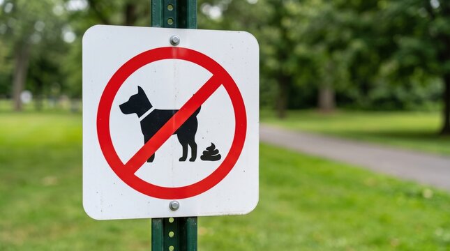 Sign with a crossed-out dog and poop symbol in a green park, representing pet rules, public cleanliness and responsible dog ownership concept