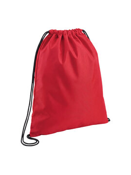 Blank red drawstring bag with black cords isolated PNG cutout