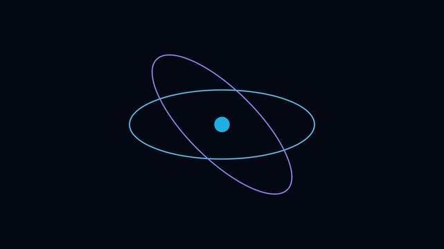 Minimalist atom model animation with rotating orbital rings on dark background, for science and, technology concepts