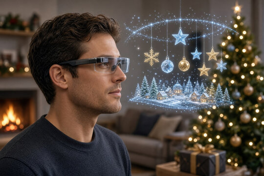 Man wearing smart glasses viewing glowing Christmas hologram beside decorated tree and wrapped gift in cozy living room, creating festive futuristic holiday scene
