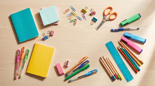 Assorted colorful stationery items arranged on a light wooden desk surface for school or office work