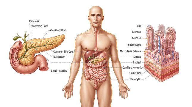 Human Digestive System Illustration, Detailed Anatomy Diagram, Medical Science Concept, Educational Visual