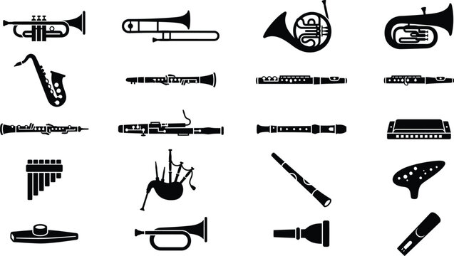 Musical instrument silhouette icons set featuring brass and woodwind orchestral equipment in black vector graphic style