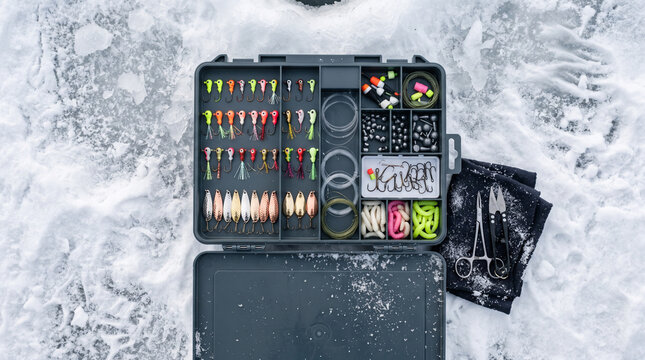 Ice fishing tackle box open with various lures and accessories  