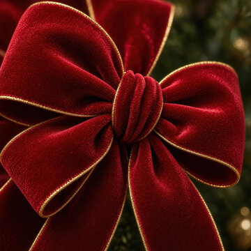 Red velvet bow ornament with gold trim on decorated Christmas tree, creating elegant festive holiday decoration with warm light and rich texture