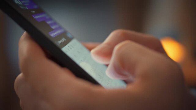 In calm of his living room, man taps messenger app, his fingers gliding over the touch screen and touch keyboard to send quick reply, illustrating mobile technology's role in instant communication