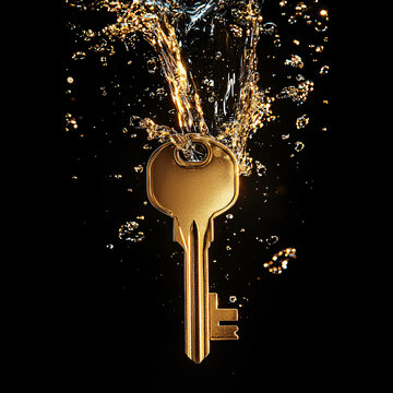Golden Key Submerged in Water with Bubbles in Dark Background