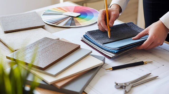 Interior designer working with fabric samples, color palettes, and material boards for a modern home decor project