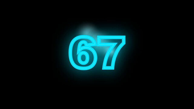 Glowing neon number 67 on black background