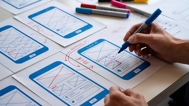 UX UI designer sketching mobile app wireframes on paper prototypes at office desk