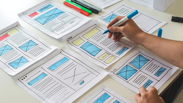 Designer's hand working on user interface wireframes, sketching website layout blueprints for a new digital product development