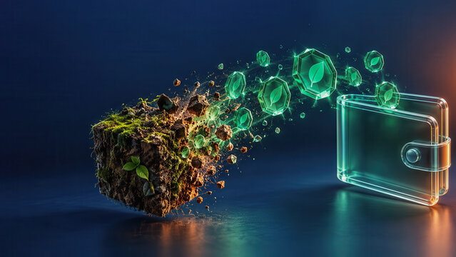 Carbon credit tokenization concept with soil cube and green digital tokens flowing into digital wallet